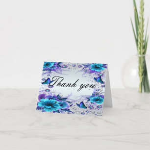 Blue Floral And Butterfly Thank You Card