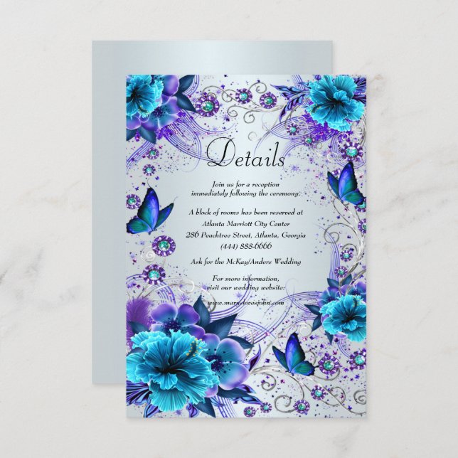 Blue Floral And Butterfly Wedding Details Enclosure Card (Front/Back)