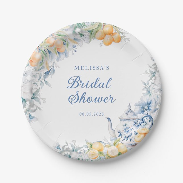 Blue Floral and Citrus Bridal Shower Tea Party Paper Plate (Front)