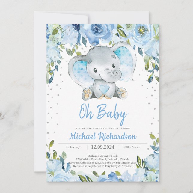 Blue Floral and Cute Elephant Boy Baby Shower Boho Invitation (Front)