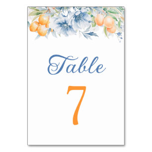 Blue Floral and Lemon Wedding Table Number