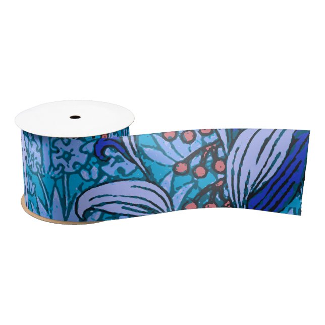 Blue Floral Antique Boho Modern Satin Ribbon (Spool)