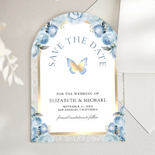 Blue Floral Arch Butterfly Wedding Save the Date Acrylic Invitations