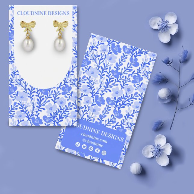 Blue Floral Arch Chic Earring Jewellery Display Ca (Floral design earring display card in a soft blue color with custom social media icons)