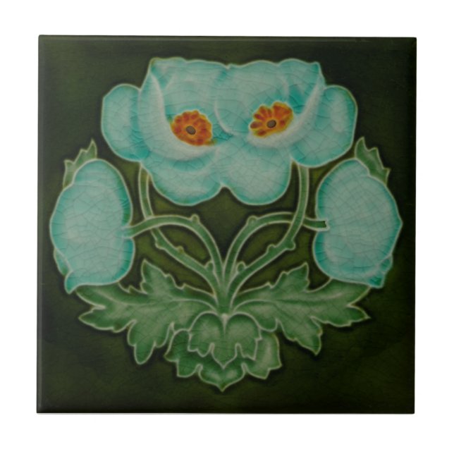 Blue Floral Art Nouveau Repro Pilkington 1910 Tile (Front)