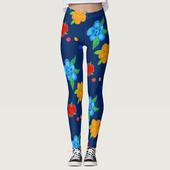 Blue Floral Art Print Leggings (Front)