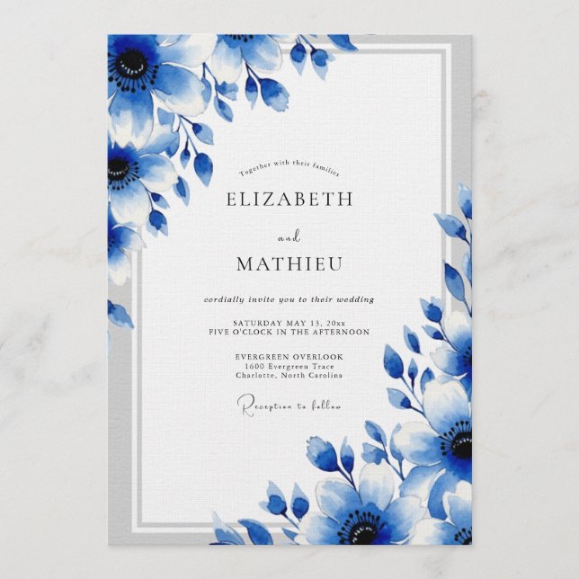 Blue Floral Artistic Romance Wedding Invitation (Front)