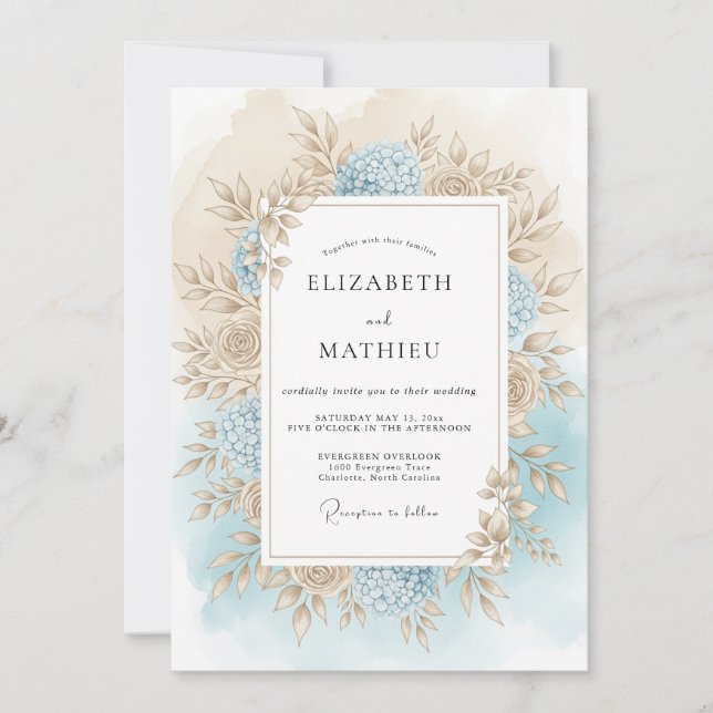 Blue Floral Autumn Romance Wedding Invitation (Front)