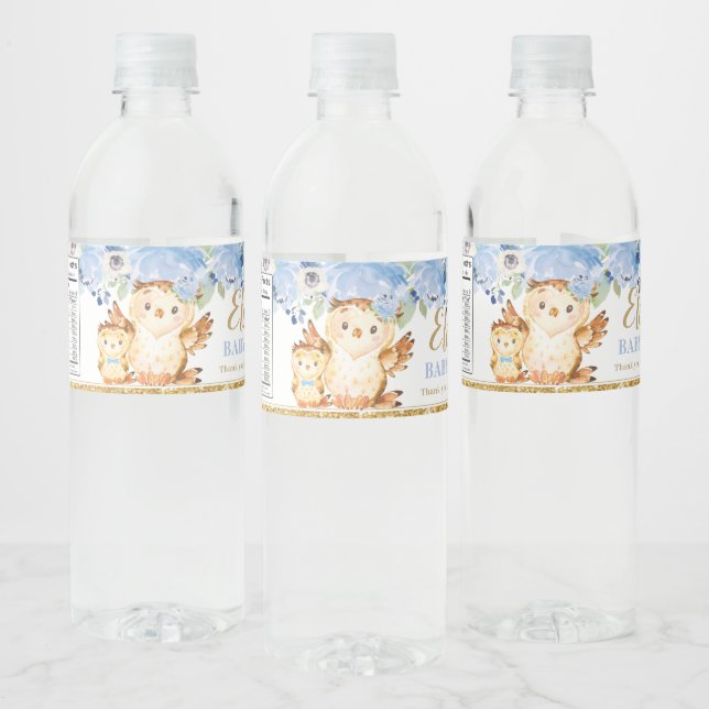 Blue Floral Baby and Mummy Owl Baby Shower Favour Water Bottle Label (Bottles)