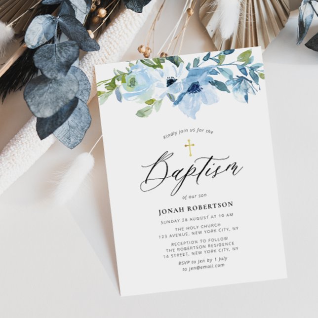 blue floral baby boy baptism invitation (Creator Uploaded)