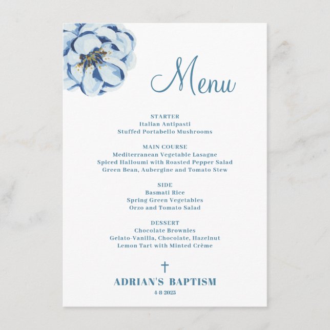 Blue Floral Baby Boy Baptism Menu (Front)