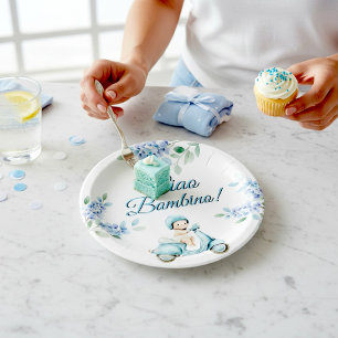 Blue Floral Baby Boy Scooter "Ciao Bambino" Paper Plate