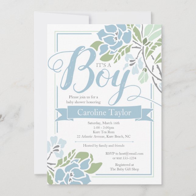 Blue Floral Baby Boy Shower Invitation (Front)