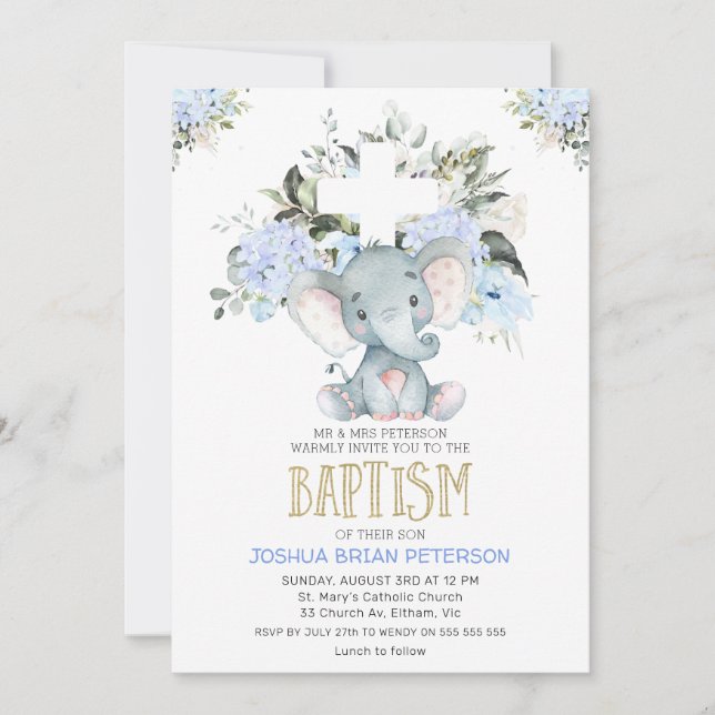 Blue Floral Baby Elephant Baptism Invitation (Front)