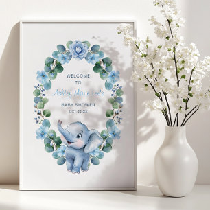 Blue Floral Baby Elephant Watercolor Baby Shower Poster