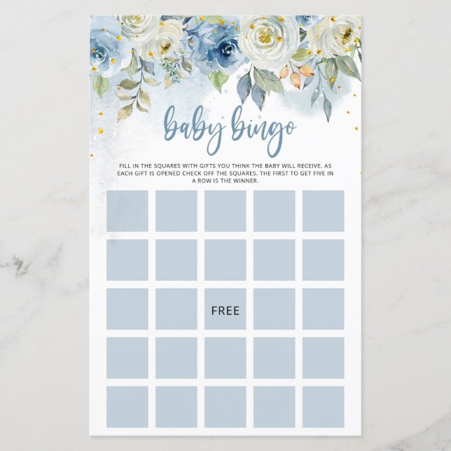 Blue Floral Baby Girl Bingo Paper Sheet (Front)