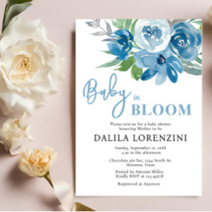Blue Floral Baby in Bloom Baby Shower Invitation