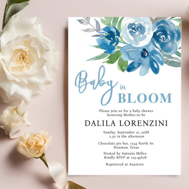 Blue Floral Baby in Bloom Baby Shower Invitation (Creator Uploaded)
