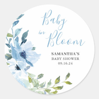 Blue Floral Baby In Bloom Boy Shower  Classic Round Sticker