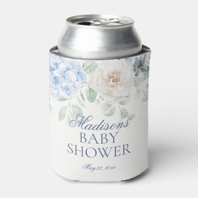 Blue Floral Baby in Bloom Hydrangea Baby Shower Can Cooler (Can Front)
