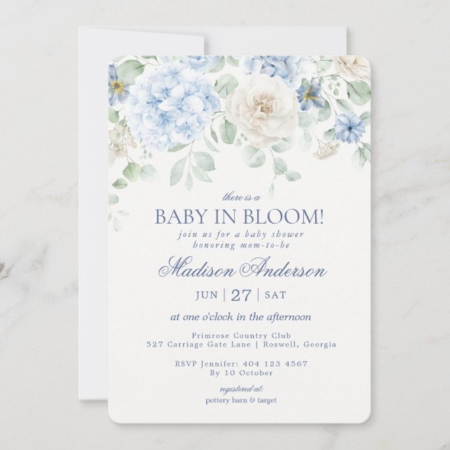 Blue Floral Baby in Bloom Hydrangea Baby Shower Invitation (Front)