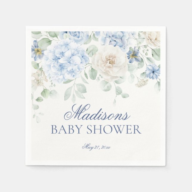 Blue Floral Baby in Bloom Hydrangea Baby Shower Napkin (Front)