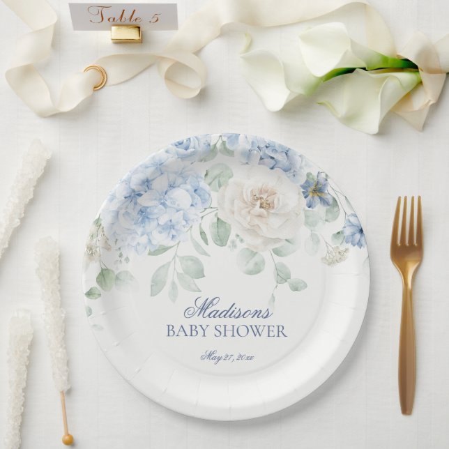 Blue Floral Baby in Bloom Hydrangea Baby Shower Paper Plate (Wedding)