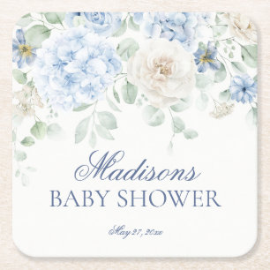 Blue Floral Baby in Bloom Hydrangea Baby Shower Square Paper Coaster