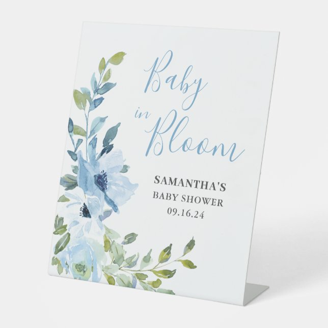 Blue Floral Baby In Bloom Shower  Pedestal Sign (Front)