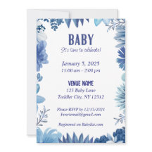 Blue Floral Baby Invitation - Time to Celebrate