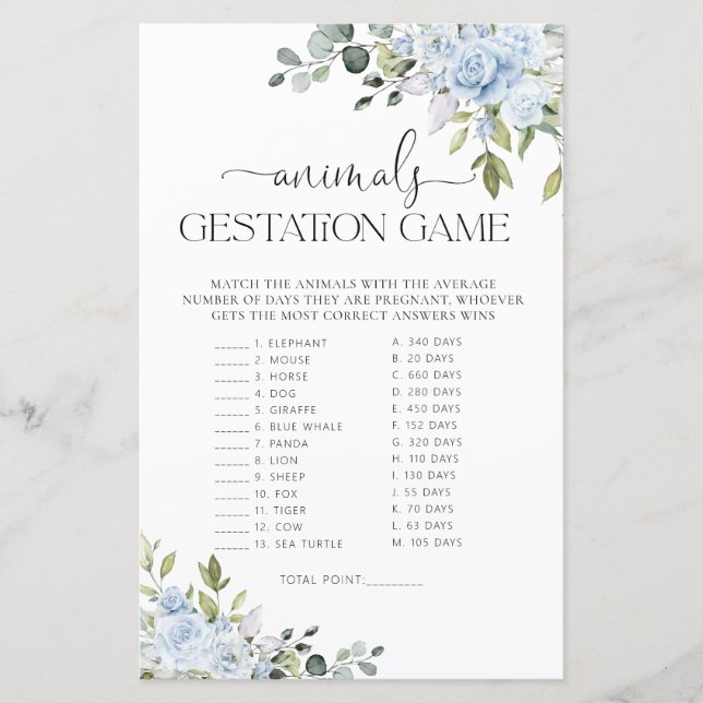 Blue Floral Baby Shower Animals Gestation Game (Front)