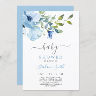 Blue Floral Baby Shower Boy Invitation