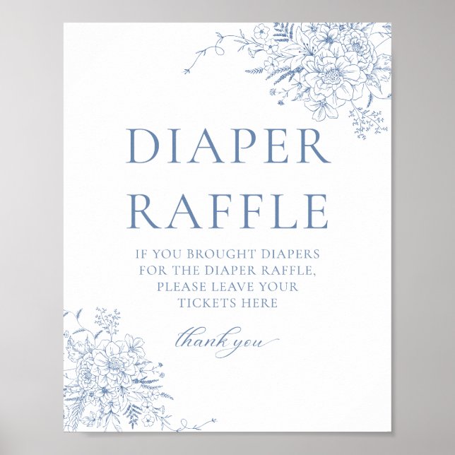 Blue Floral Baby Shower Diaper Raffle Poster (Front)