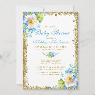 Blue Floral Baby Shower Gold Glitter Invitation