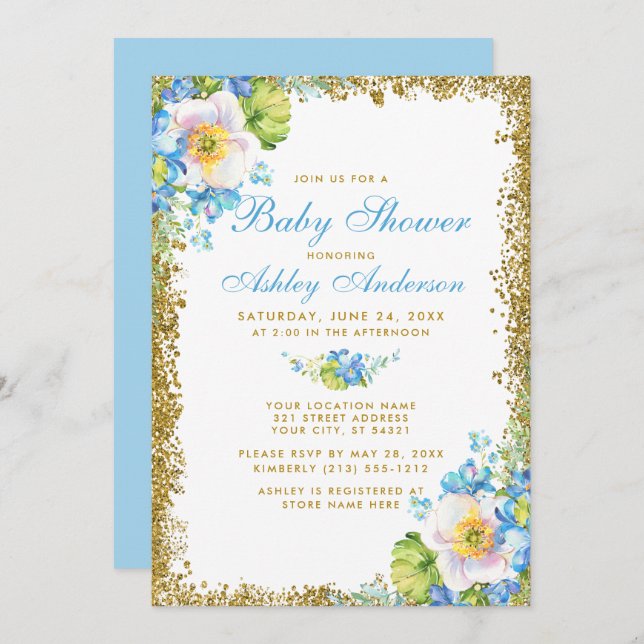 Blue Floral Baby Shower Gold Glitter Invitation B (Front/Back)