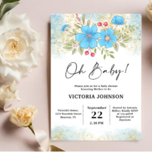 Blue Floral Baby Shower Invitation
