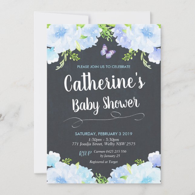 Blue Floral Baby Shower Invitations Boy (Front)