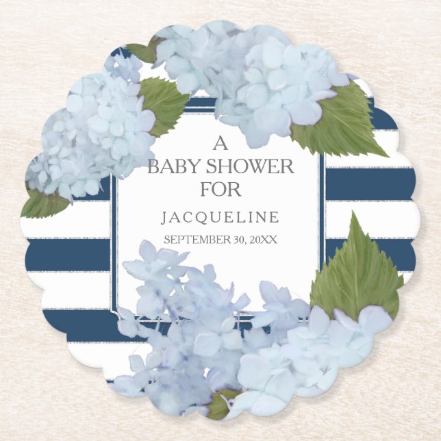 Blue Floral Baby Shower Navy n White Stripes Paper Coaster (Front)