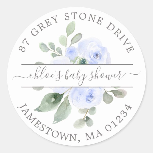 Blue Floral Baby Shower Return Address Label (Front)