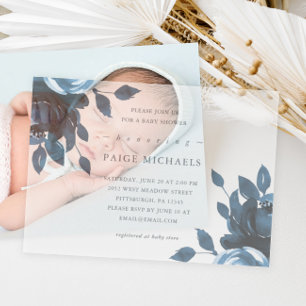Blue Floral Baby Shower Vellum Invitations