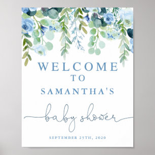 Blue floral baby shower welcome sign