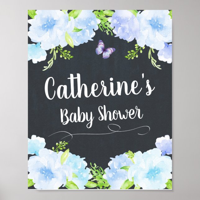 Blue Floral Baby Shower Welcome Sign Poster Decor (Front)