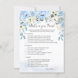 Blue Floral Baby Shower What's on Your Phone Game  Invitation