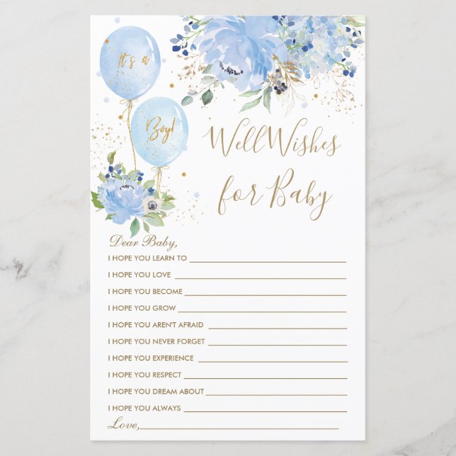 Blue Floral Balloon Boy Guess Well Wishes for Baby (Front)