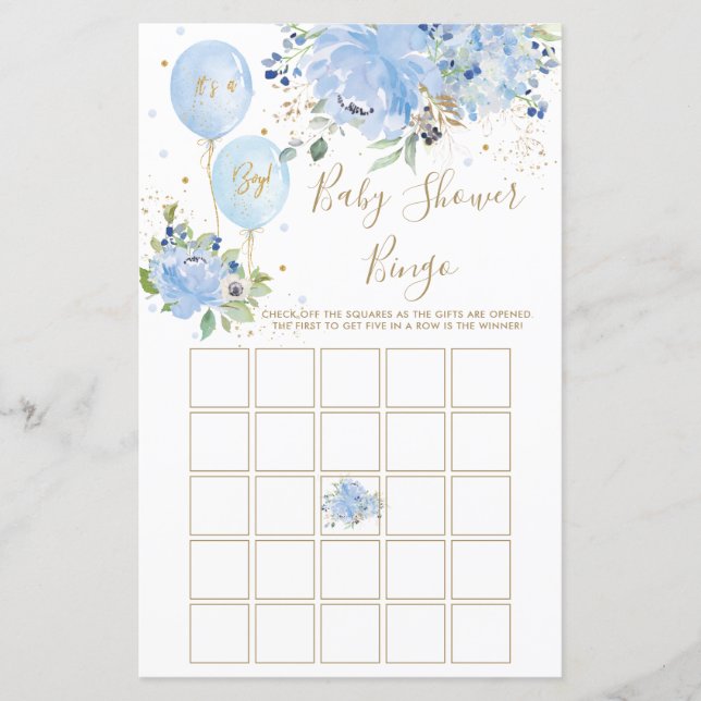 Blue Floral Balloons Baby Shower Bingo Game (Front)
