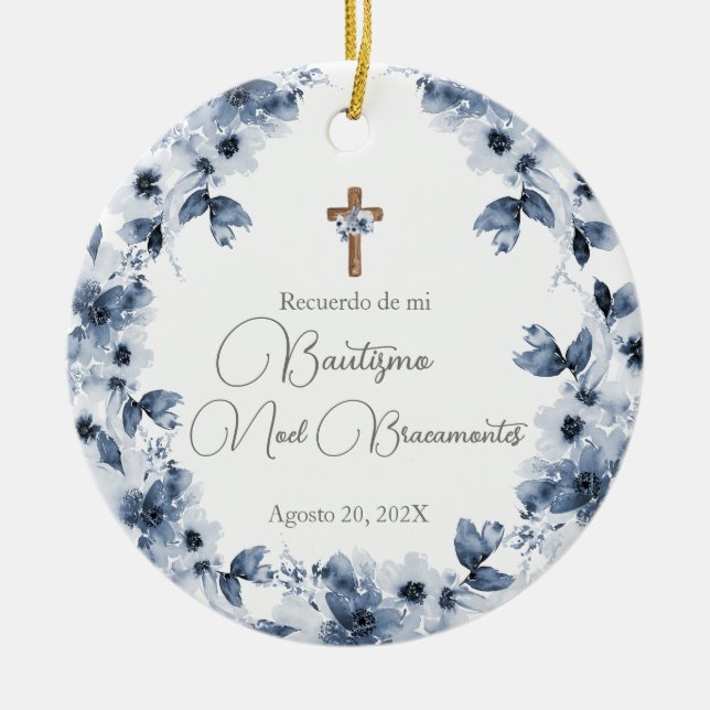 Blue floral baptism ceramic in Spanish Tree Decoration (Front)