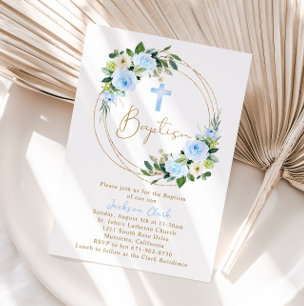 Blue Floral Baptism Christening Gold Frame Invitation
