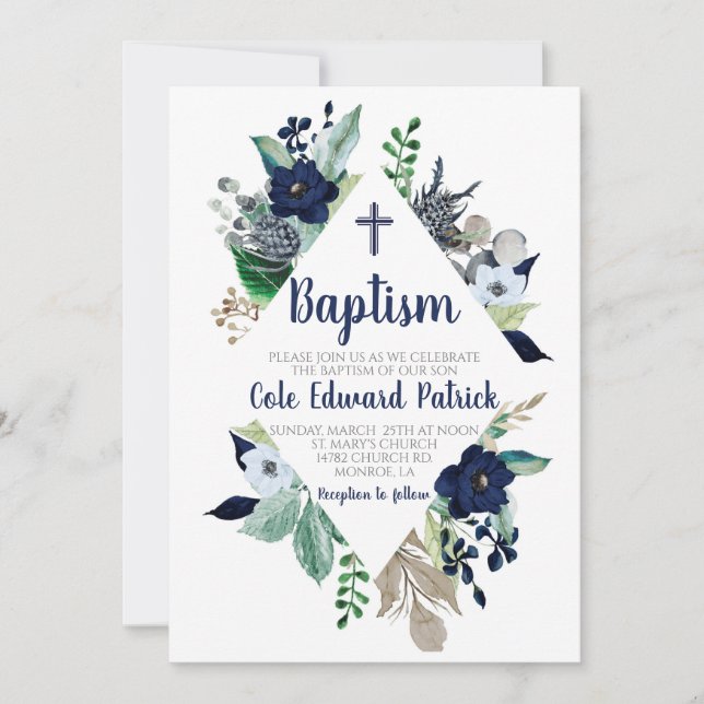 Blue Floral Baptism Invitation (Front)