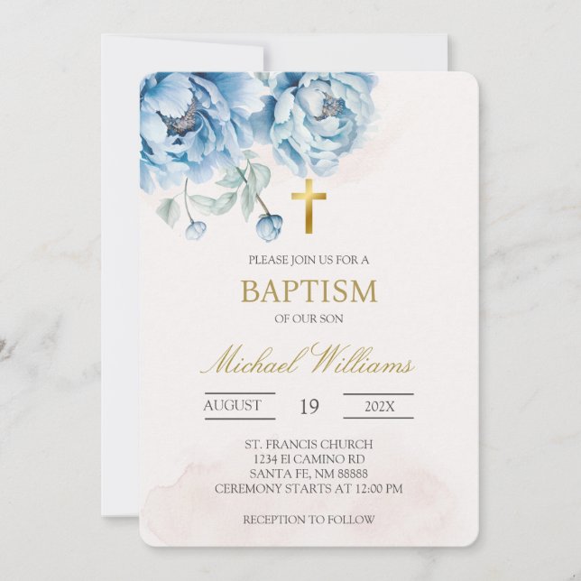 Blue floral baptism Invitation (Front)