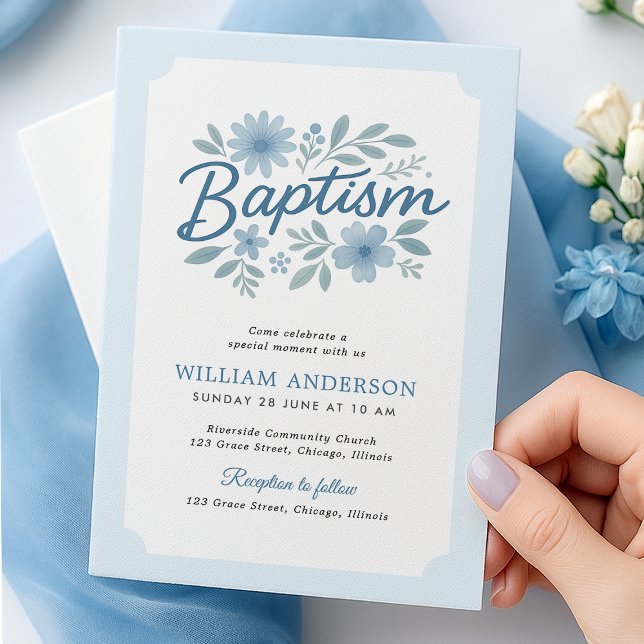 Blue Floral Baptism Invitation for Baby Boy (Elegant baptism invite with blue florals, hand-held with envelope and ribbon accent

)